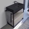 Console Sink Vanity With Matte Black Ceramic Sink and Grey Oak Drawer, 35